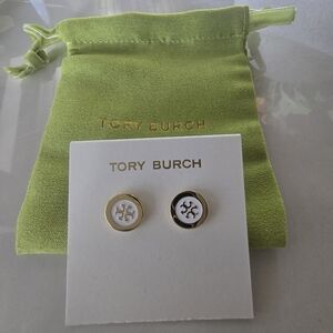 Tory Burch Gold and White Logo Stud Earrings